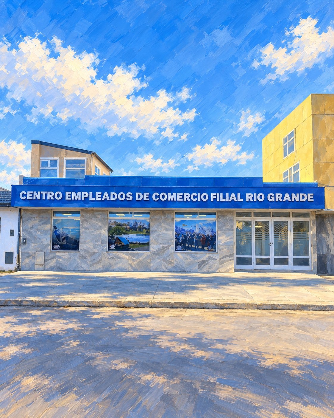Ilustración artística de la sede real del Centro Empleados de Comercio de Río Grande